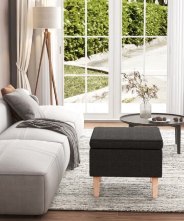 Hocker mit Holzbeinen Dunkelgrau Stoff