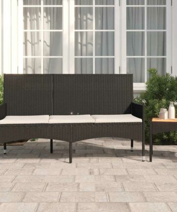Gartenbank 3-Sitzer mit Kissen Braun Poly Rattan