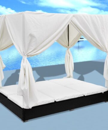 Outdoor-Loungebett mit Vorhang Poly Rattan Braun
