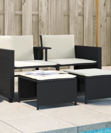 Gartensofa 2-Sitzer mit Tisch und Hockern Beige Poly Rattan