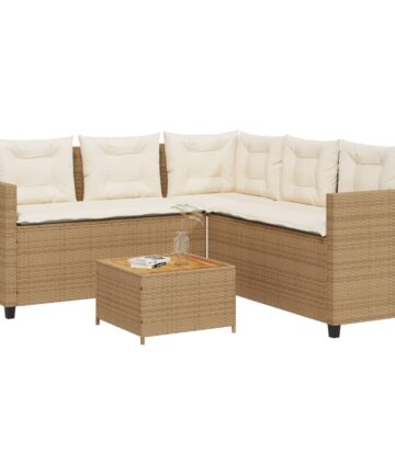 Gartensofa in L-Form mit Tisch und Kissen Schwarz Poly Rattan