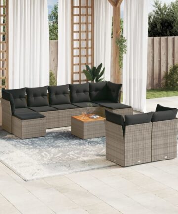10-tlg. Garten-Sofagarnitur mit Kissen Beige Poly Rattan