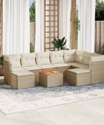 10-tlg. Garten-Sofagarnitur mit Kissen Beige Poly Rattan