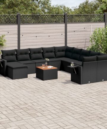 12-tlg. Garten-Sofagarnitur mit Kissen Schwarz Poly Rattan