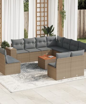 12-tlg. Garten-Sofagarnitur mit Kissen Beige Poly Rattan
