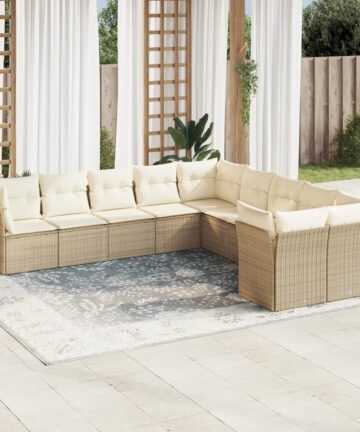 10-tlg. Garten-Sofagarnitur mit Kissen Beige Poly Rattan
