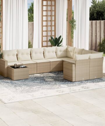 10-tlg. Garten-Sofagarnitur mit Kissen Beige Poly Rattan