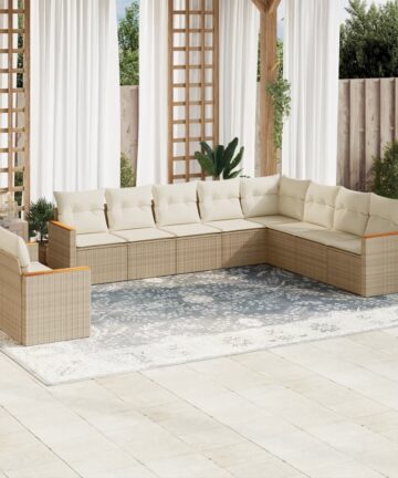 10-tlg. Garten-Sofagarnitur mit Kissen Beige Poly Rattan