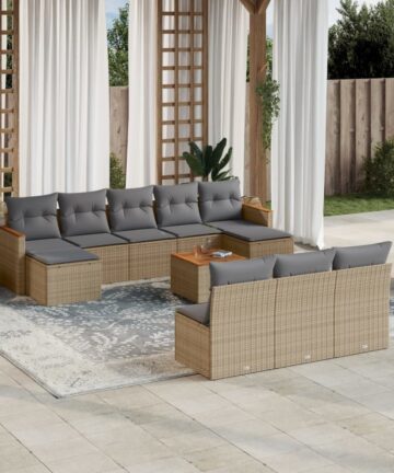 10-tlg. Garten-Sofagarnitur mit Kissen Beige Poly Rattan