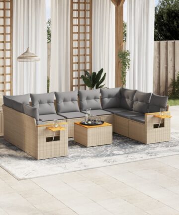 9-tlg. Garten-Sofagarnitur mit Kissen Beige Poly Rattan