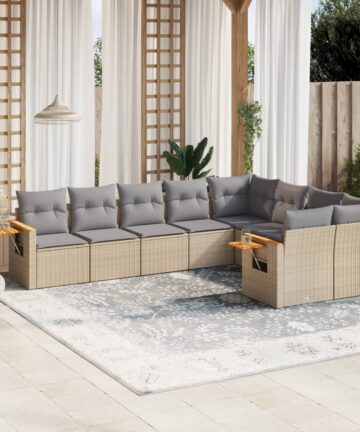 10-tlg. Garten-Sofagarnitur mit Kissen Beige Poly Rattan