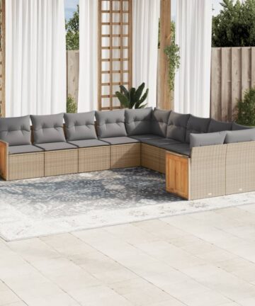 10-tlg. Garten-Sofagarnitur mit Kissen Beige Poly Rattan