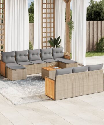 10-tlg. Garten-Sofagarnitur mit Kissen Beige Poly Rattan