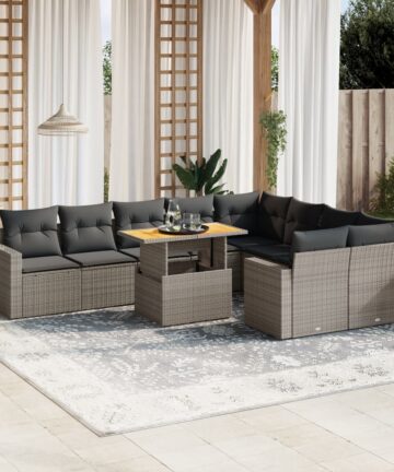 10-tlg. Garten-Sofagarnitur mit Kissen Beige Poly Rattan