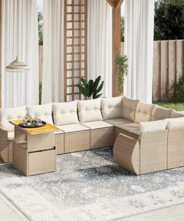 10-tlg. Garten-Sofagarnitur mit Kissen Beige Poly Rattan
