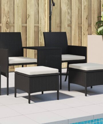 Gartensofa 2-Sitzer mit Tisch und Hockern Schwarz Poly Rattan