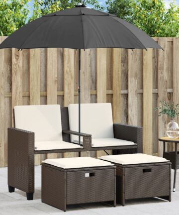 Gartensofa 2-Sitzer Sonnenschirm und Hocker Braun Poly Rattan