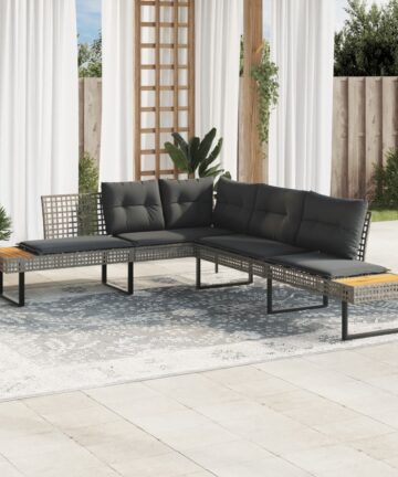 Gartensofa in L-Form mit Kissen Grau Poly Rattan und Akazie