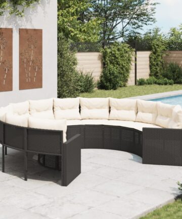 Gartensofa mit Kissen Rund Schwarz Poly-Rattan