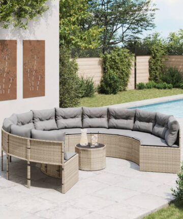 Gartensofa mit Tisch und Kissen Rund Beige Poly-Rattan
