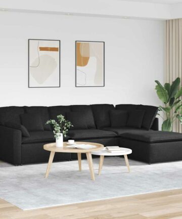 Modulares Sofa mit Fußhocker Kissen Stoff Schwarz