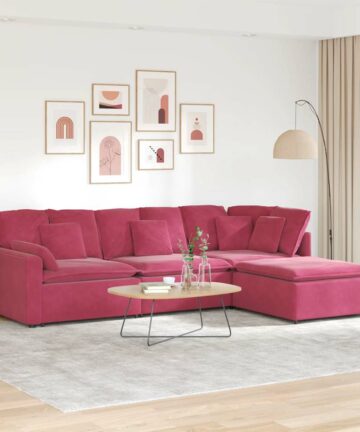Modulares Sofa mit Fußhocker Kissen Samt Weinrot