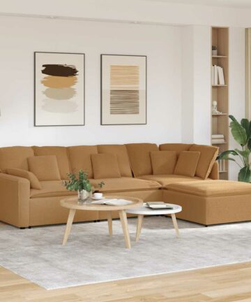 Modulares Sofa mit Hocker Kissen Stoff in Lammwolloptik Beige