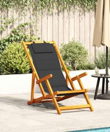 Strandstuhl mit Armlehnen Klappbar Schwarz Akazie Textilene