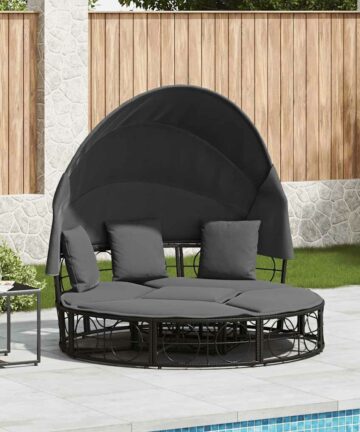Outdoor-Loungebett mit Dach und Kissen Schwarz Poly Rattan