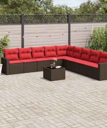 10-tlg. Garten-Sofagarnitur mit Kissen Braun Poly Rattan