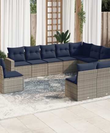 10-tlg. Garten-Sofagarnitur mit Kissen Grau Poly Rattan