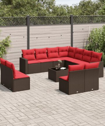 12-tlg. Garten-Sofagarnitur mit Kissen Braun Poly Rattan
