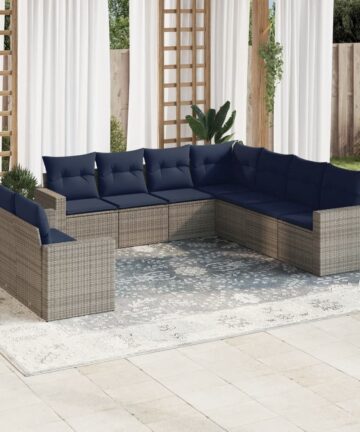 9-tlg. Garten-Sofagarnitur mit Kissen Grau Poly Rattan