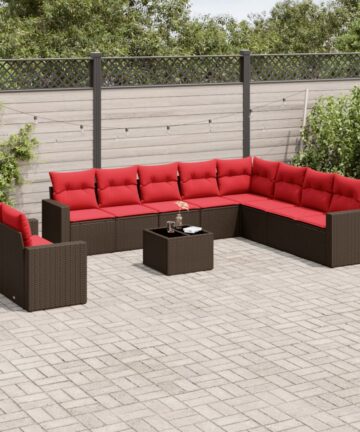 11-tlg. Garten-Sofagarnitur mit Kissen Braun Poly Rattan