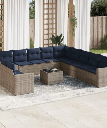 12-tlg. Garten-Sofagarnitur mit Kissen Grau Poly Rattan