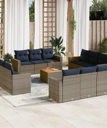 13-tlg. Garten-Sofagarnitur mit Kissen Grau Poly Rattan
