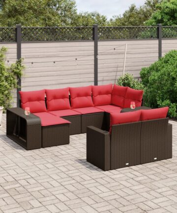 10-tlg. Garten-Sofagarnitur mit Kissen Braun Poly Rattan