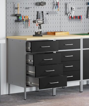 Werkbank 2er Set Schwarz und Grau aus Holzwerkstoff und Stahl