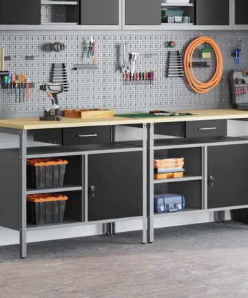 2-teiliges Werkbank-Set in Schwarz aus Stahl