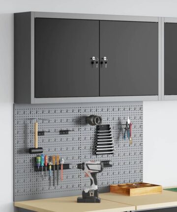 3-teiliges Werkzeugschrank- und Lochplatten-Set für die Wandmontage aus schwarzem Metall