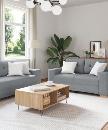 3-teiliges Sofa Set mit Kissen Hellgrau Stoff