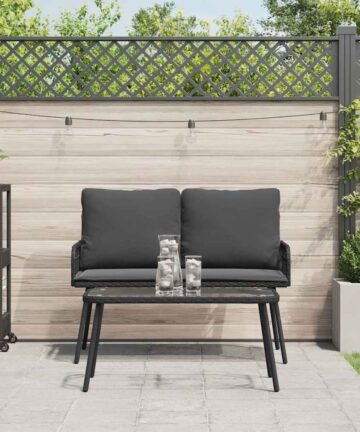 2-teiliges Garten-Esszimmer-Set mit Kissen Schwarz Poly-Rattan
