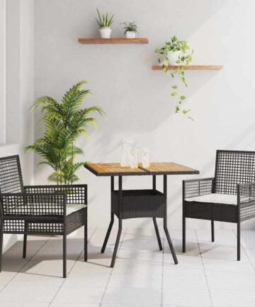 3-teiliges Garten-Essset mit Kissen Schwarz Poly Rattan