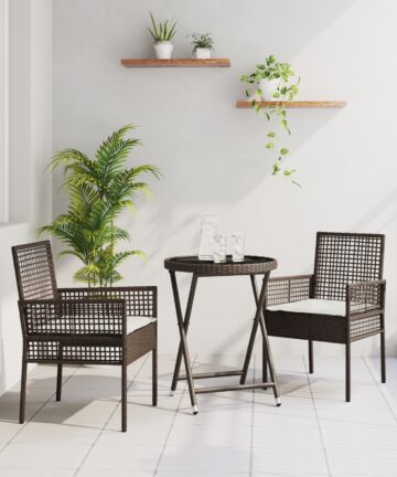 3-teiliges Bistro-Set für den Garten mit Kissen aus braunem Poly-Rattan