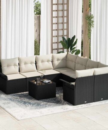 9-teiliges Garten-Sofaset mit Kissen Schwarz Poly-Rattan