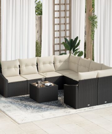 9-teiliges Garten-Sofaset mit Kissen Schwarz Poly Rattan
