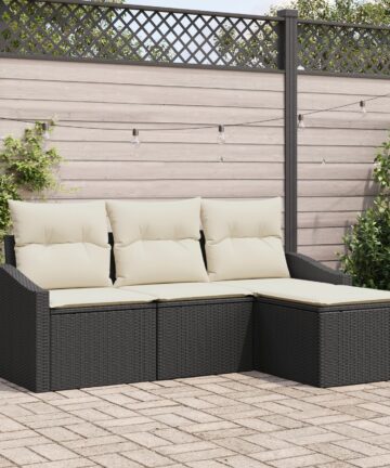 4-teiliges Garten Sofa Set mit Kissen Schwarz Poly Rattan