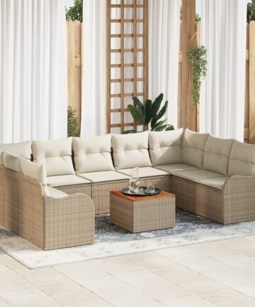 10-teiliges Garten Sofa Set mit Kissen Beige Poly Rattan Akazie