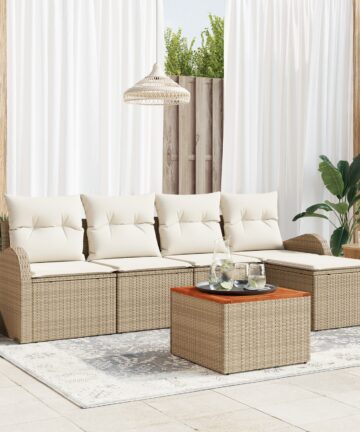 6-teiliges Garten Sofa Set mit Kissen Beige Poly Rattan Akazie