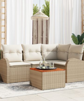 5-teiliges Garten-Sofa-Set mit Kissen Beige Poly-Rattan Akazie